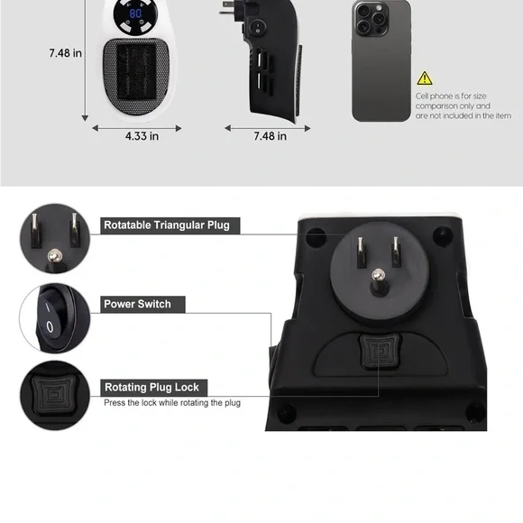 Compact Wall-Mounted Electric Heater - Black and White - Picture 7 of 11